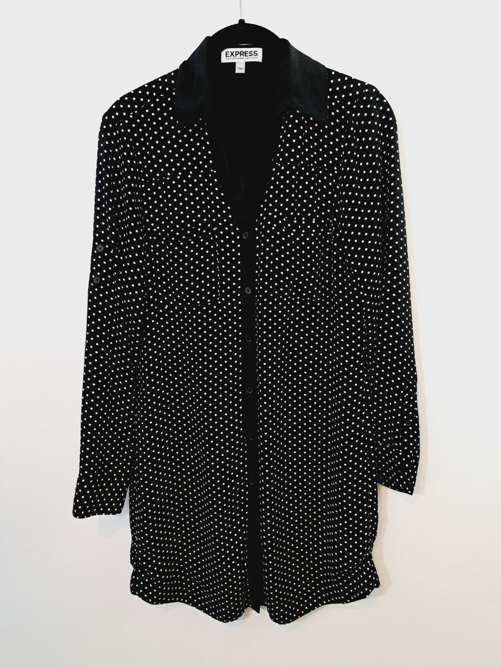 Express Women's Black White Polka-dot Button-up Shirt Dress In Size XS